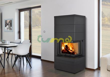 CARA L / R 03 rohový černý plech 11kW teplovzdušný akumulační krb / Romotop - CZ /